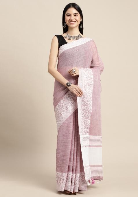 Purple Woven Zari Work Poly Cotton Saree Set