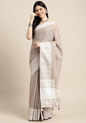 Beige Woven Zari Work Poly Cotton Saree Set
