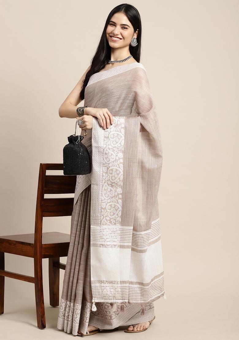 Beige Woven Zari Work Poly Cotton Saree Set - Indya