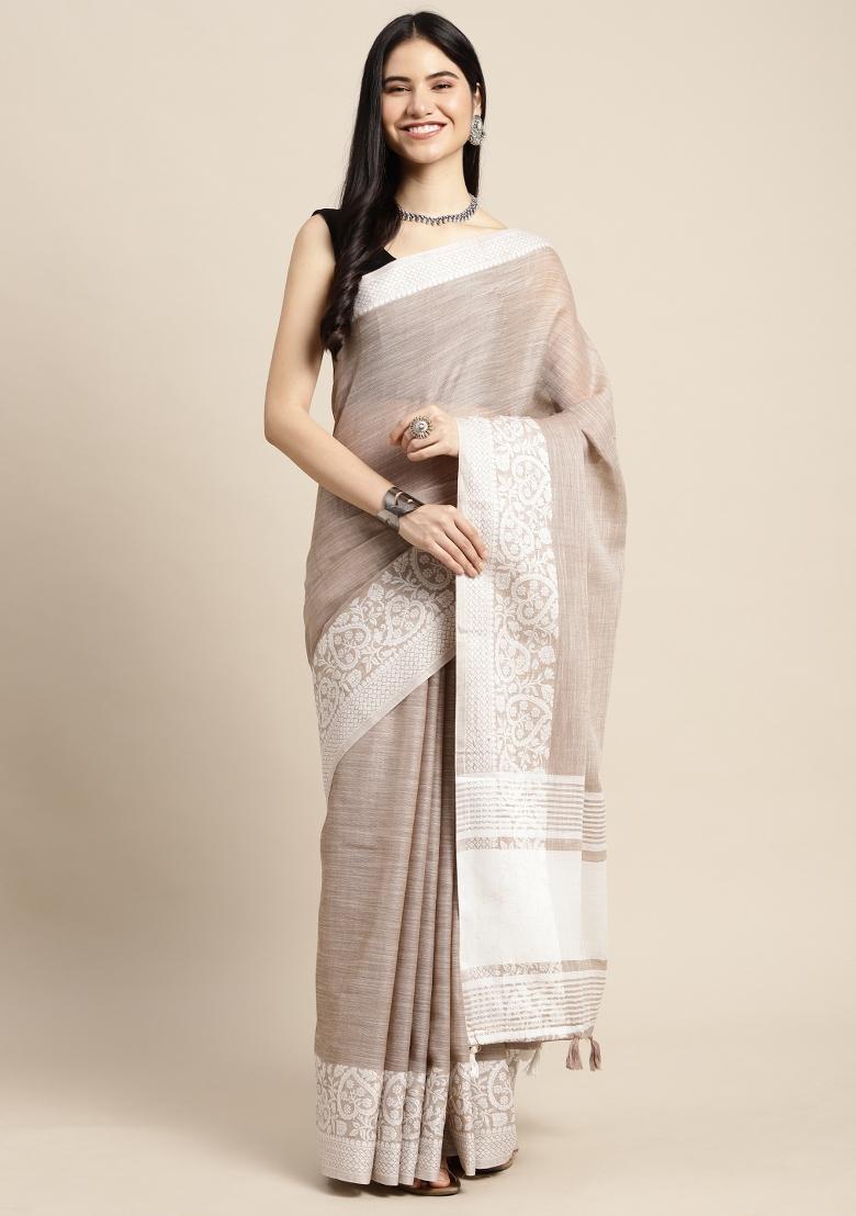 Beige Woven Zari Work Poly Cotton Saree Set - Indya