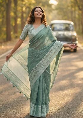 Sea Green Woven Zari Work Poly Cotton Saree Set