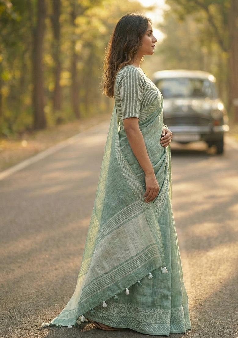 Sea Green Woven Zari Work Poly Cotton Saree Set - Indya