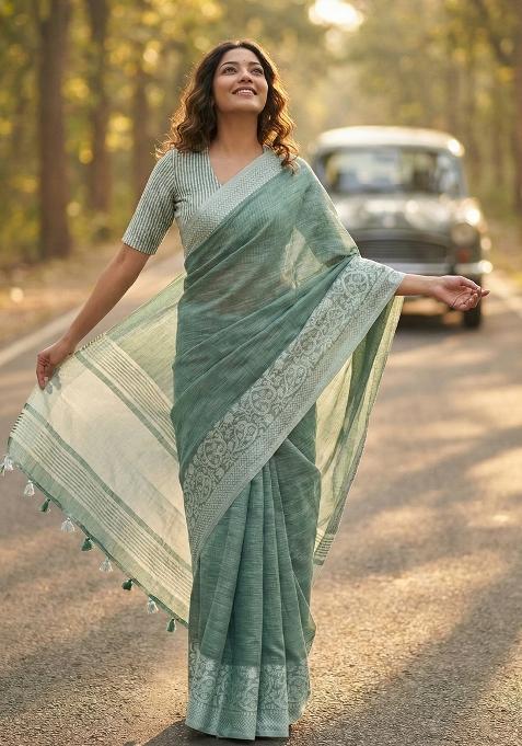 Sea Green Woven Zari Work Poly Cotton Saree Set — view on Indya
