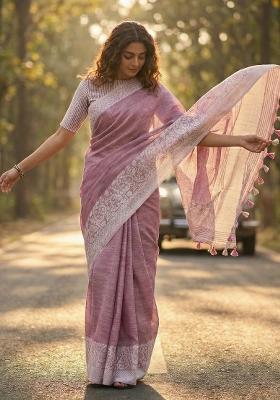 Purple Woven Zari Work Poly Cotton Saree Set