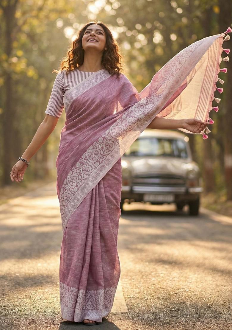 Purple Woven Zari Work Poly Cotton Saree Set - Indya