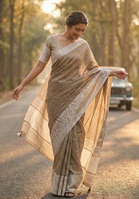 Beige Woven Zari Work Poly Cotton Saree Set