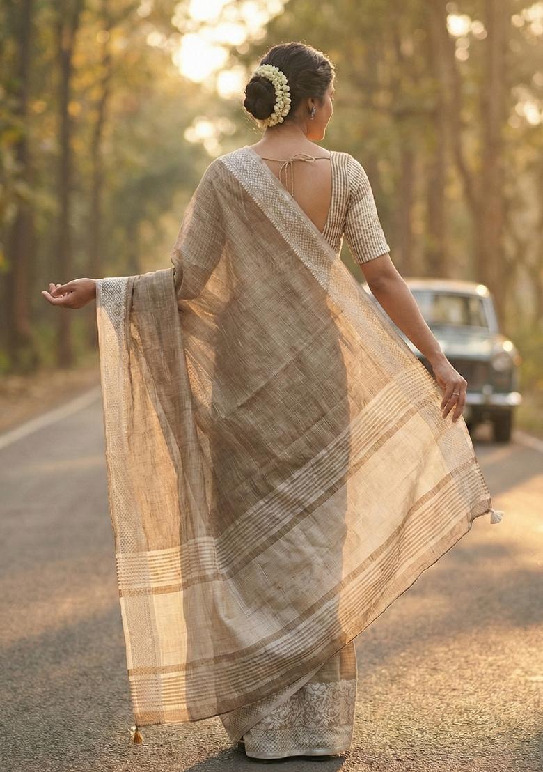 Beige Woven Zari Work Poly Cotton Saree Set - Indya