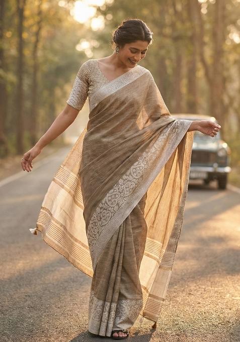 Beige Woven Zari Work Poly Cotton Saree Set
