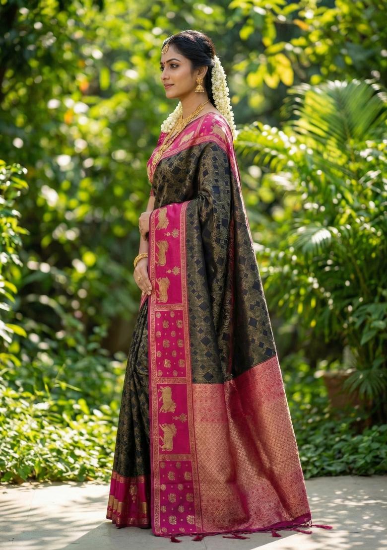 Black Woven Zari Work Kanjivaram Silk Saree Set - Indya