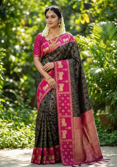 Black Woven Zari Work Kanjivaram Silk Saree Set