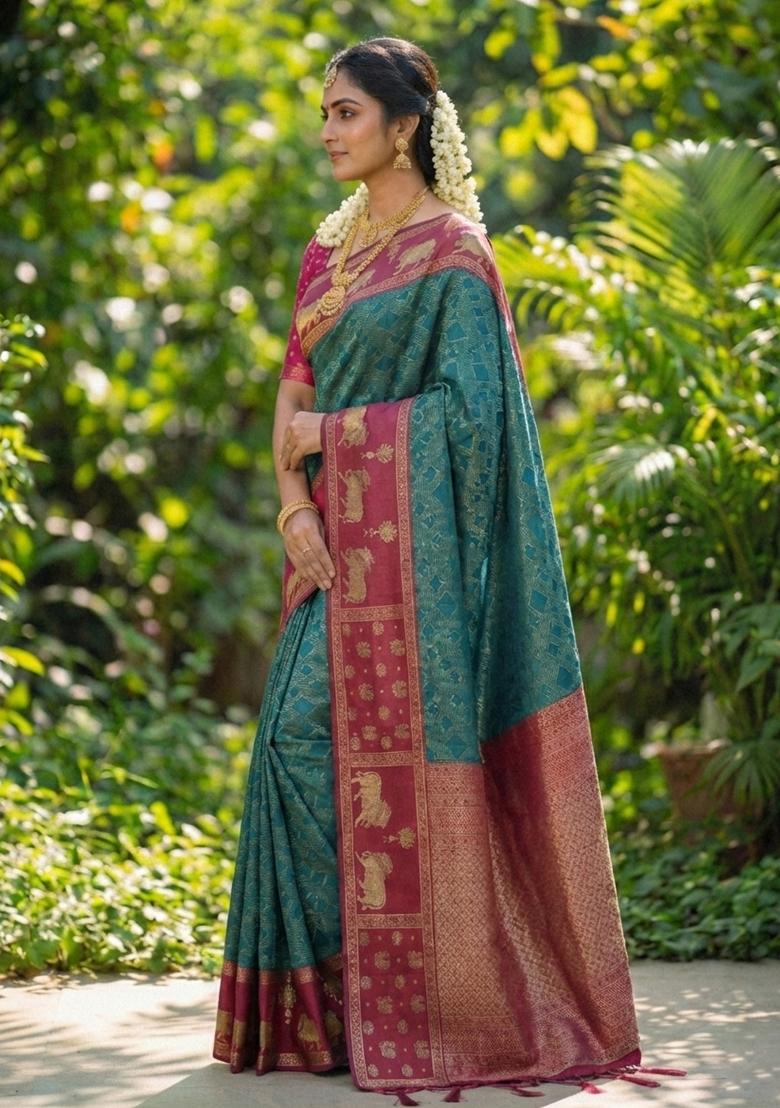 Teal Woven Zari Work Kanjivaram Silk Saree Set - Indya