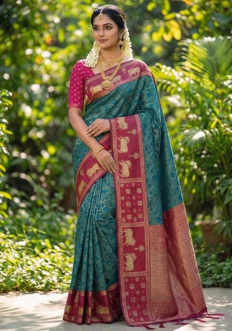 Teal Woven Zari Work Kanjivaram Silk Blend Saree Set