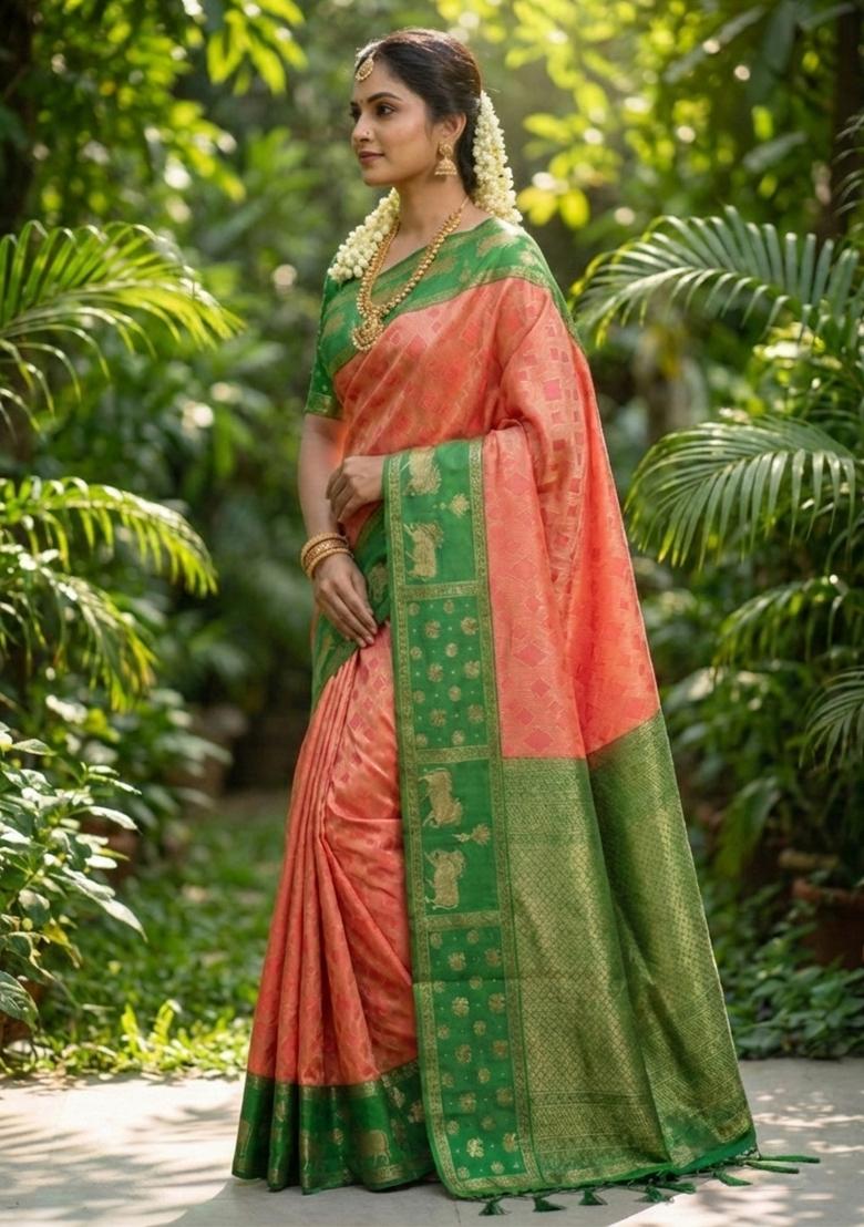 Peach Woven Zari Work Kanjivaram Silk Saree Set - Indya