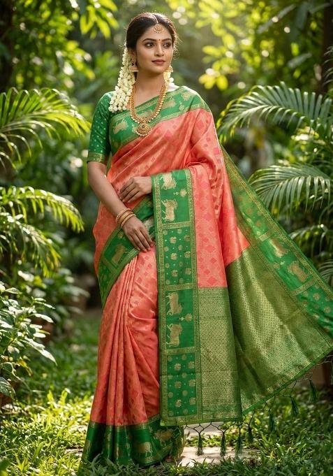 Peach Woven Zari Work Kanjivaram Silk Saree Set — view on Indya