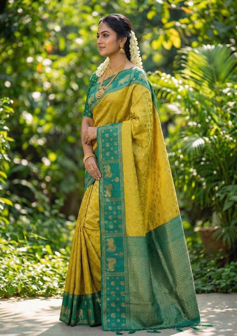 Mustard Woven Zari Work Kanjivaram Silk Saree Set - Indya