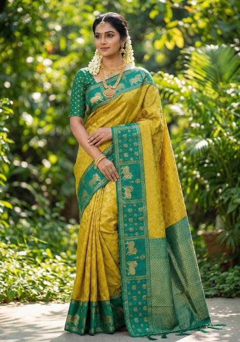 Mustard Woven Zari Work Kanjivaram Silk Saree Set