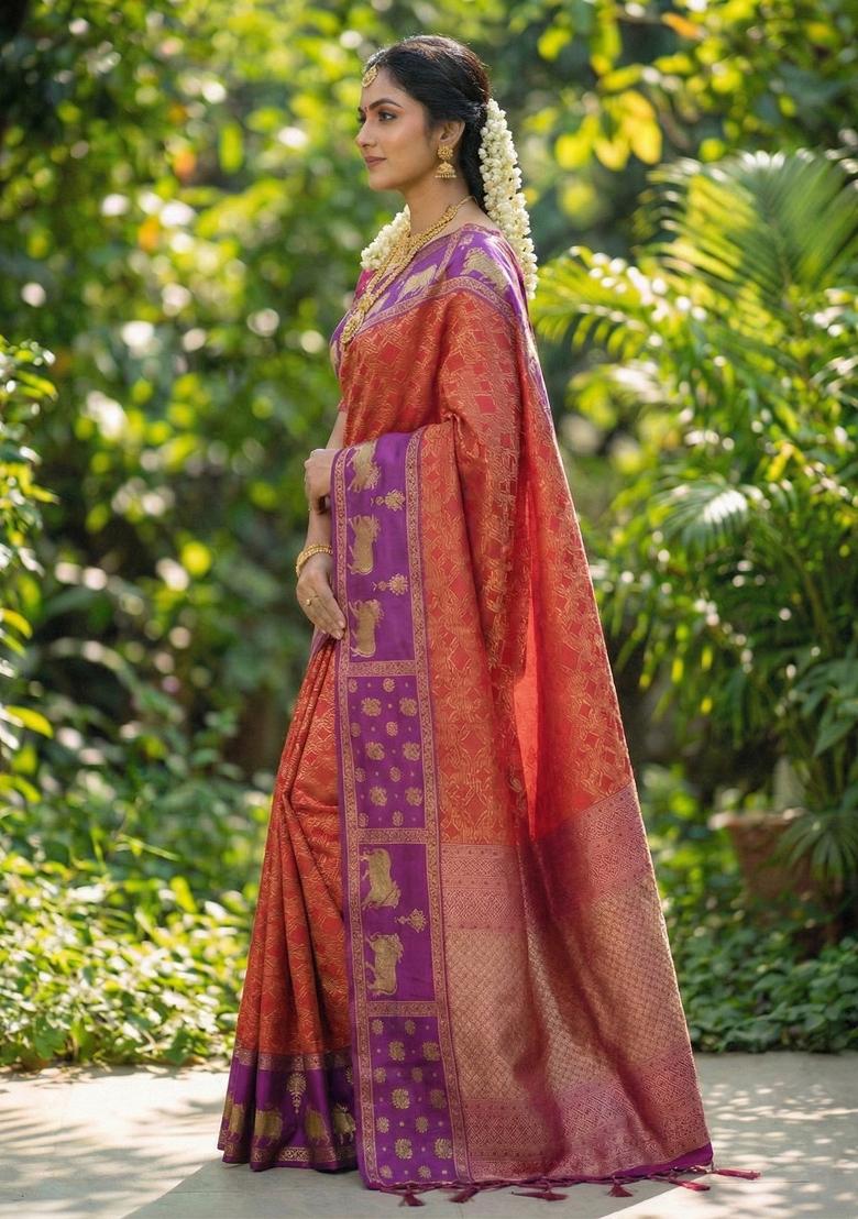 Orange Woven Zari Work Kanjivaram Silk Saree Set - Indya