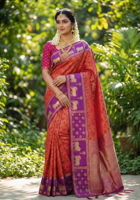 Orange Woven Zari Work Kanjivaram Silk Saree Set — view on Indya