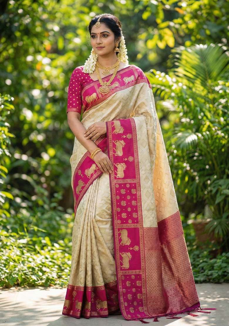 Cream Woven Kanjivaram Silk Blend Saree Set with Zari Work for Diwali | Wedding & Festive Wear - Indya