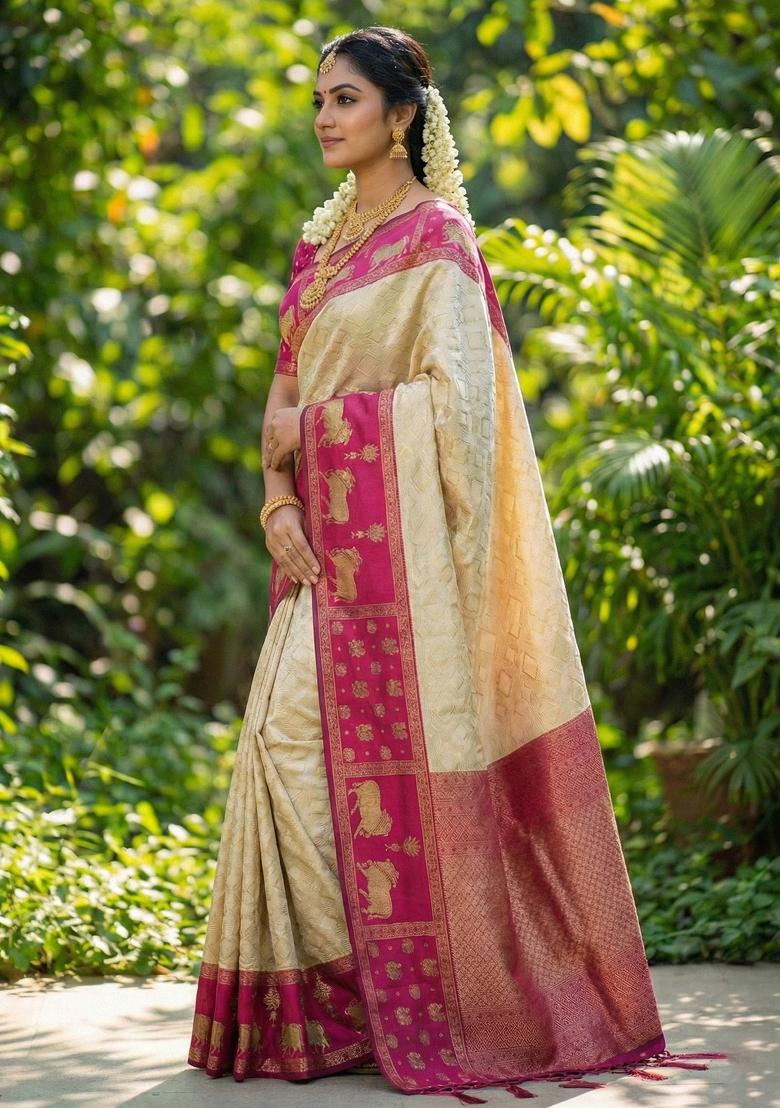 Cream Woven Zari Work Kanjivaram Silk Saree Set - Indya