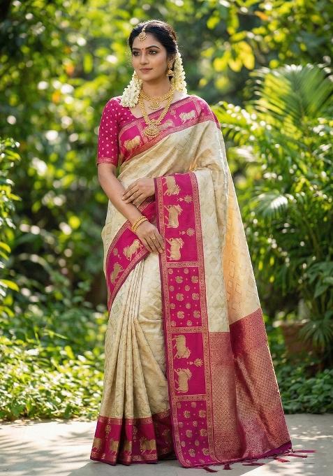 Cream Woven Zari Work Kanjivaram Silk Blend Saree Set