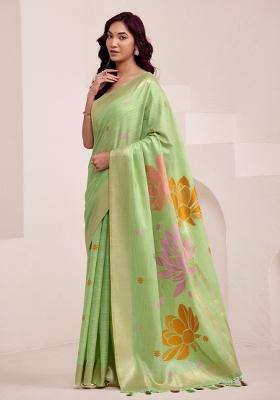 Light Green Woven Zari Work Poly Cotton Saree Set