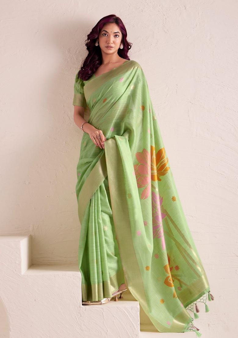 Light Green Woven Zari Work Poly Cotton Saree Set - Indya