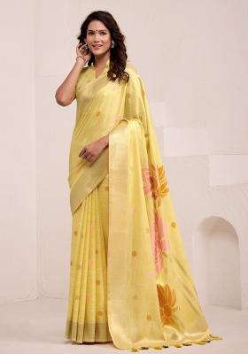 Yellow Woven Zari Work Poly Cotton Saree Set