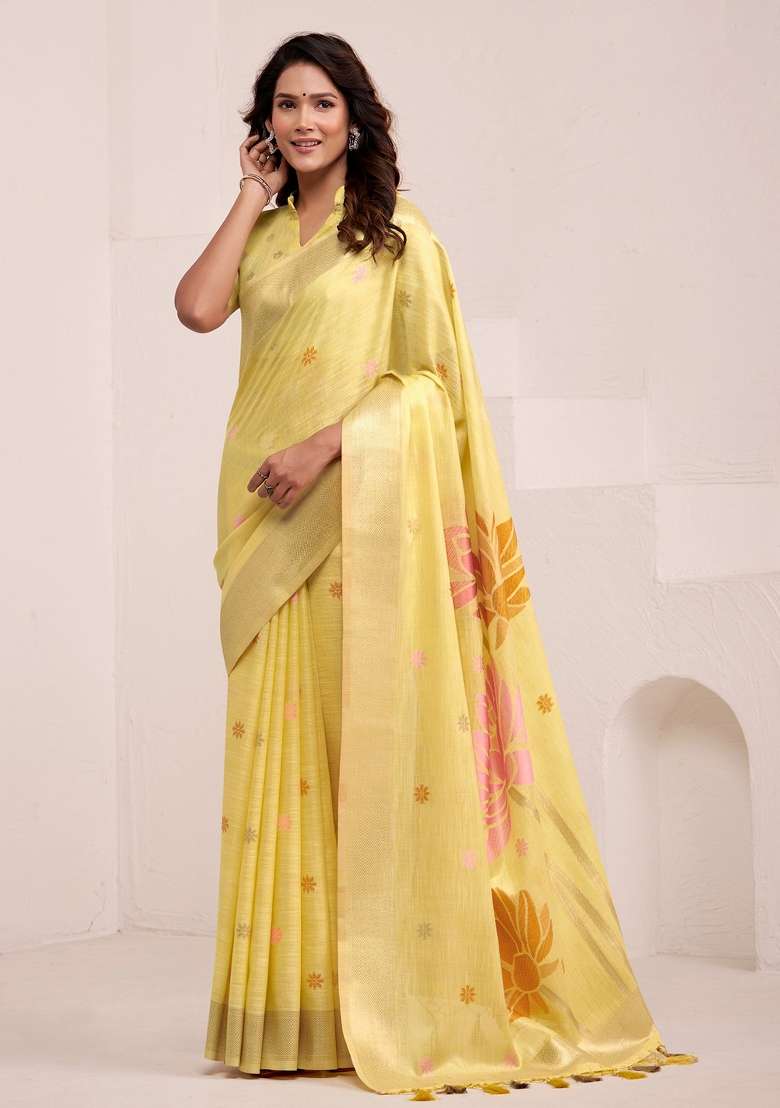 Yellow Woven Zari Work Poly Cotton Saree Set for Diwali and Festive Wear - Indya