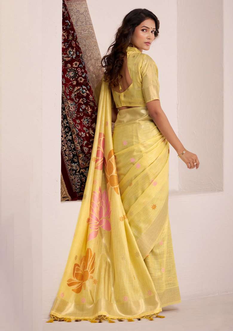 Yellow Woven Zari Work Poly Cotton Saree Set for Diwali and Festive Wear - Indya