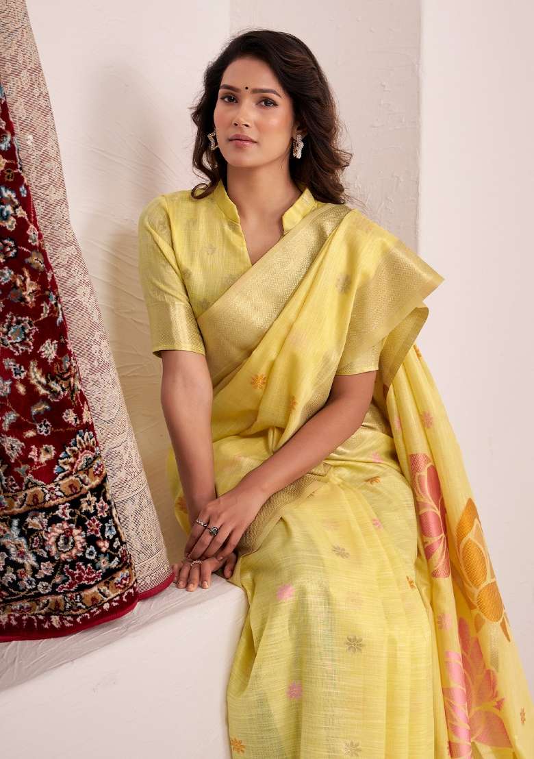 Yellow Woven Zari Work Poly Cotton Saree Set for Diwali and Festive Wear - Indya