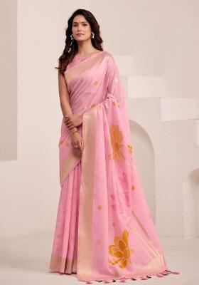 Pink Woven Zari Work Poly Cotton Saree Set