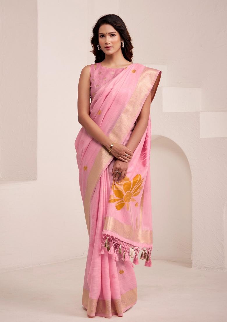Pink Woven Zari Work Poly Cotton Saree Set - Indya