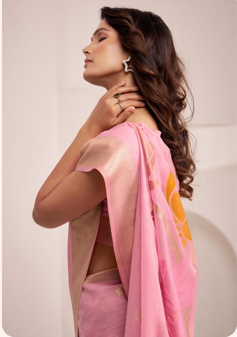 Pink Woven Zari Work Poly Cotton Saree Set - Indya