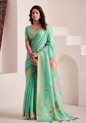 Sea Green Woven Zari Work Poly Cotton Saree Set