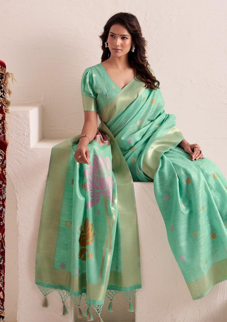 Sea Green Woven Zari Work Poly Cotton Saree Set - Indya