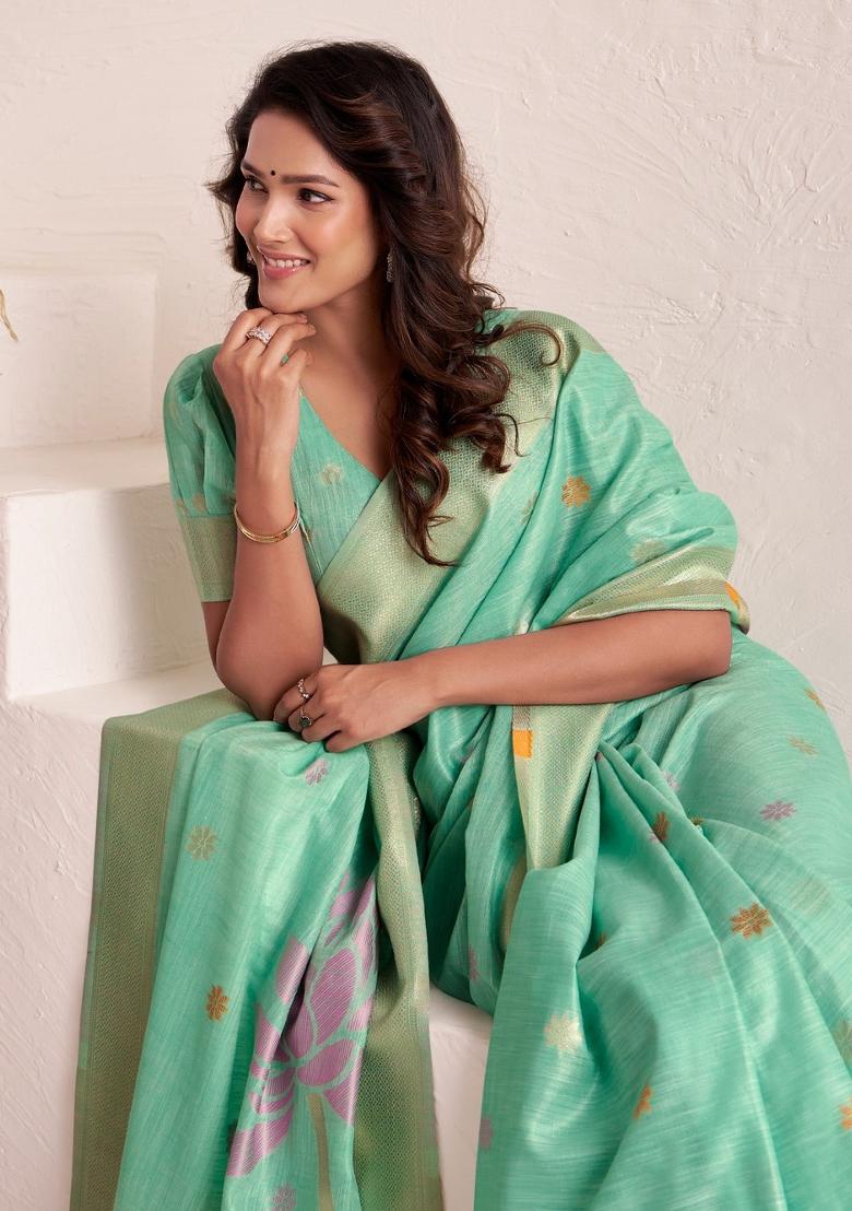 Sea Green Woven Zari Work Poly Cotton Saree Set - Indya