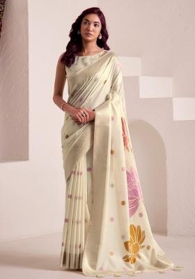 Off-White Woven Zari Work Poly Cotton Saree Set