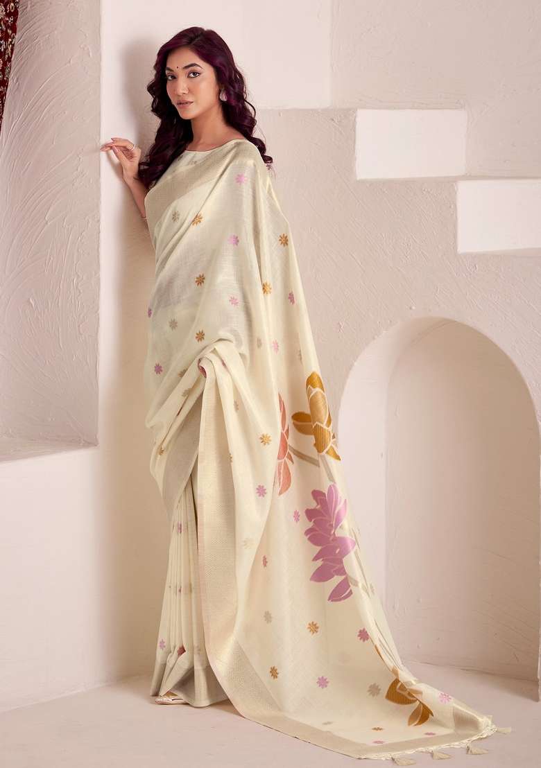 Off-White Woven Zari Work Poly Cotton Saree Set for Diwali and Festive Wear - Indya