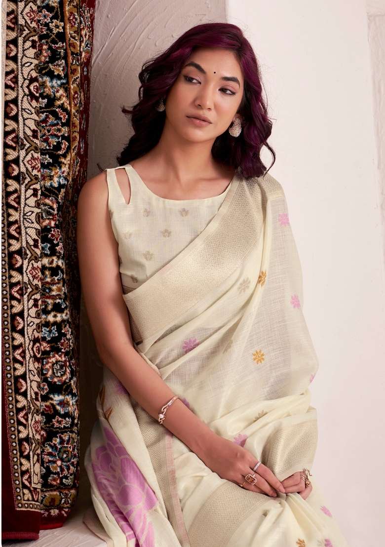 Off-White Woven Zari Work Poly Cotton Saree Set for Diwali and Festive Wear - Indya