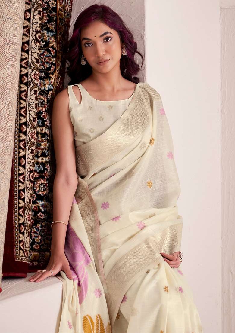 Off-White Woven Zari Work Poly Cotton Saree Set for Diwali and Festive Wear - Indya