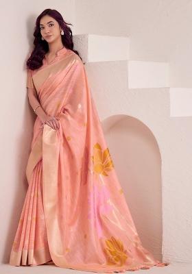 Peach Woven Zari Work Poly Cotton Saree Set