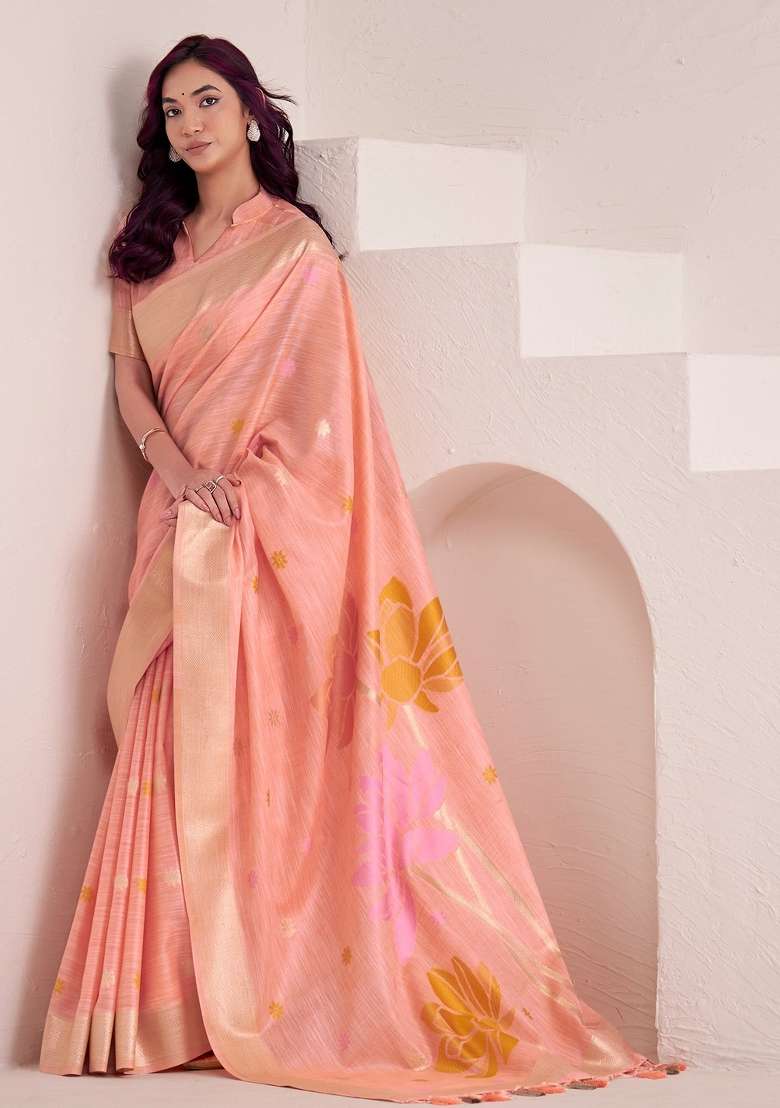 Peach Woven Poly Cotton Saree Set with Zari Work for Diwali | Wedding & Festive Wear - Indya