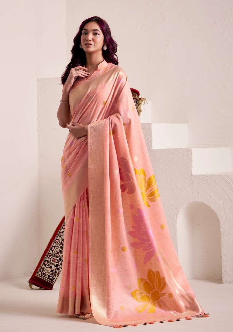 Peach Woven Poly Cotton Saree Set with Zari Work for Diwali | Wedding & Festive Wear - Indya