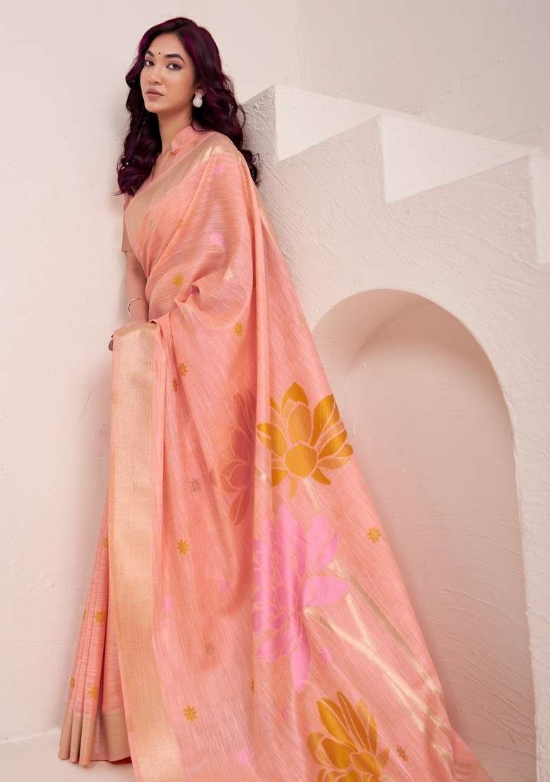 Peach Woven Poly Cotton Saree Set with Zari Work for Diwali | Wedding & Festive Wear - Indya