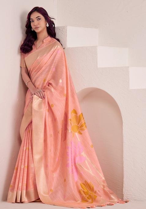 Peach Woven Zari Work Poly Cotton Saree Set