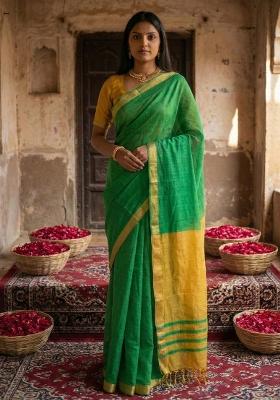 Green Woven Zari Work Poly Cotton Saree Set