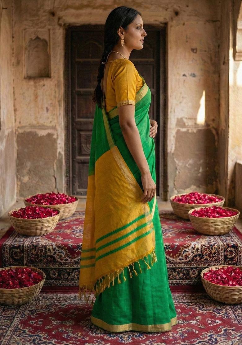 Green Woven Zari Work Poly Cotton Saree Set - Indya