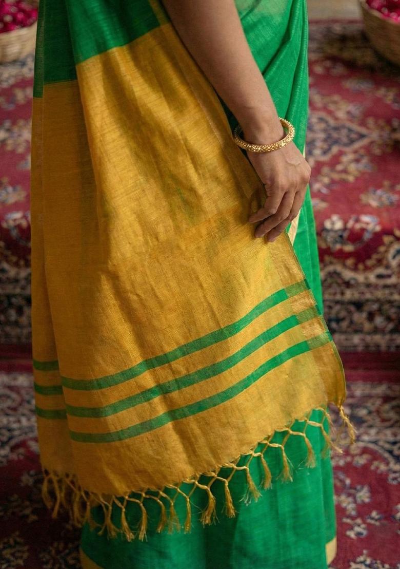 Green Woven Zari Work Poly Cotton Saree Set - Indya
