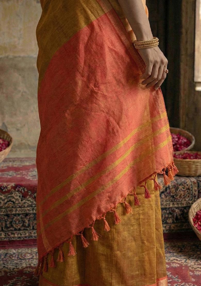 Orange Woven Zari Work Poly Cotton Saree Set - Indya